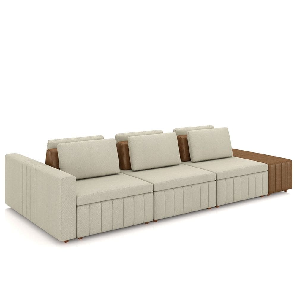 Sofá Ilha e Puff Sala Living 395cm Siesta M22 Linho Cru/Marrom - Mpozenato