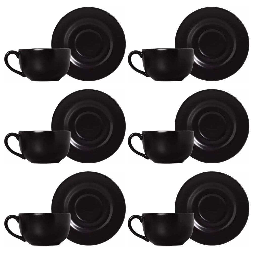Conjunto de 6 Xícaras de Chá com Pires em Cerâmica Preto Acetinado 250ml - Alleanza