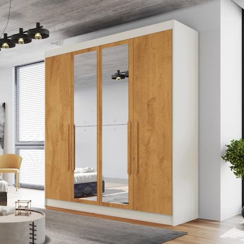 imagem-Guarda Roupa Casal Espelho 4 Portas 3 Gavetas Nantes Móveis Europa - Off White 