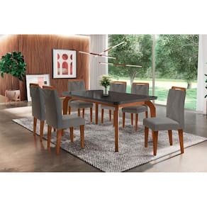 Sala de Jantar Completa Londrina Tampo Madeirado c/ Vidro Curvo 180x90 e 6 Cadeiras Amsterdã Imbuia - Veludo Grafite - Rufato