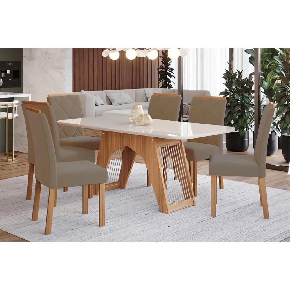 Sala de Jantar Completa Carol Tampo Madeirado c/ Vidro 180x90cm e 6 Cadeiras Fernanda Madeirado/Suede Joli Capuccino - Cimol