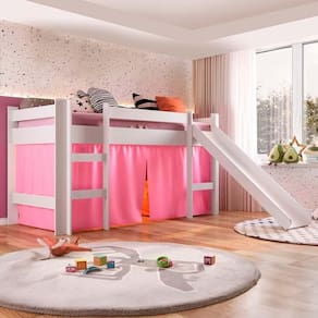 Cama Elevada Infantil Solteiro Com Escorrega Branco E Cortina Rosa 93 X 202 Cm Zimo Jm Móveis