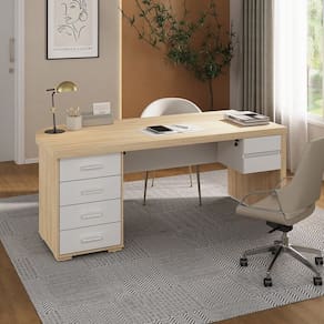Kit 2 Peças com Mesa para Escritório Diretor em Tamburato Le com Gavetas e Gaveteiro Suspenso Carvalho/Branco