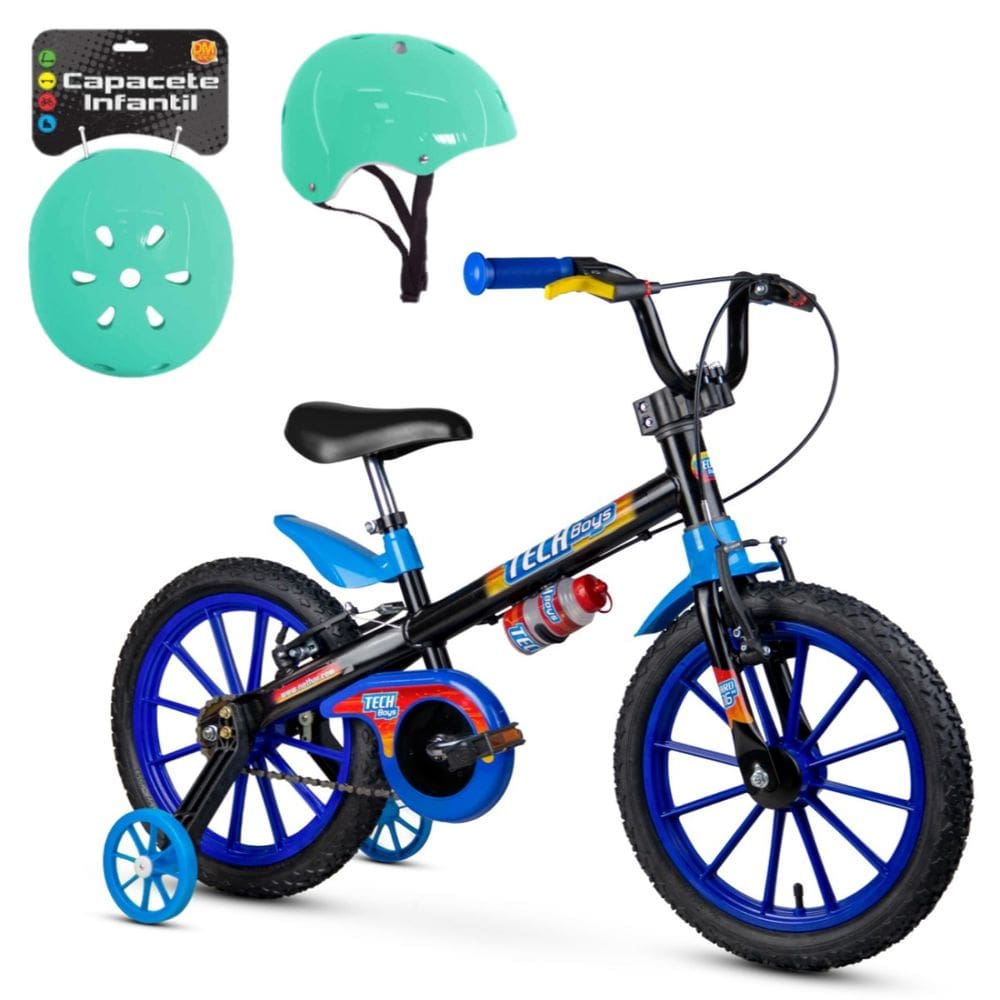Bicicleta Tech Boys Aro 16 C/ Rodinhas Garrafinha e Capacete