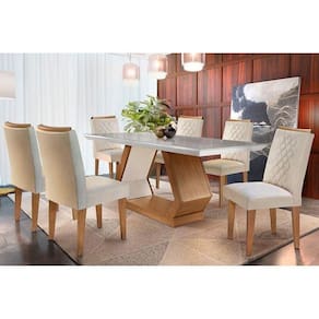 Sala de Jantar Completa Alvorada c/Tampo Madeirado Canto Reto 180x90cm e 6 Cadeiras Jade Imbuia/Off White - Linho Turim - Rufato