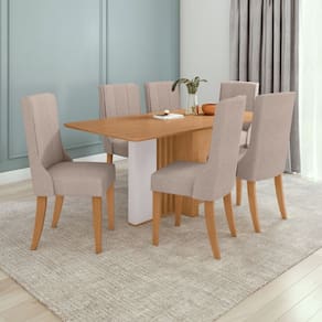 Conjunto Mesa 170cm Astrid Tampo Mdf no Glass e 6 Cadeiras Celina Amêndoa /Off White/Bege