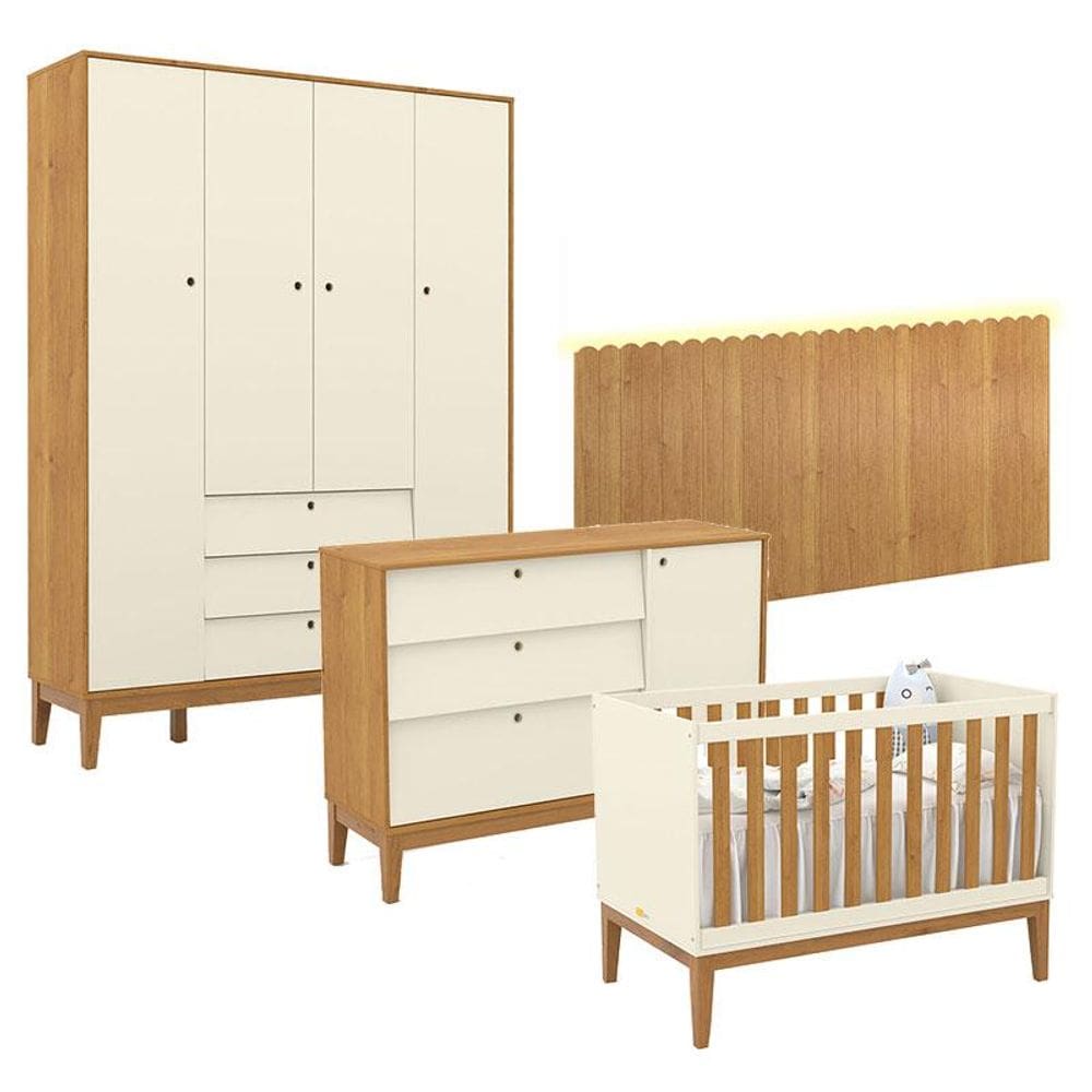 Quarto de Bebê Unique 4 Portas com Cômoda Sapateira e Painel Farm com Led Off White Freijó Eco Wood - Matic