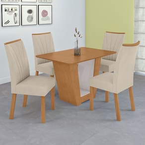 Conjunto Sala de Jantar Mesa 120cm Tampo Mdf no Glass 4 Cadeiras Apogeu Amêndoa/Off White/Creme