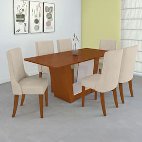 Conjunto Mesa 170cm Apogeu Tampo Mdf no Glass com 6 Cadeiras Celina Frassino/Off White/Creme