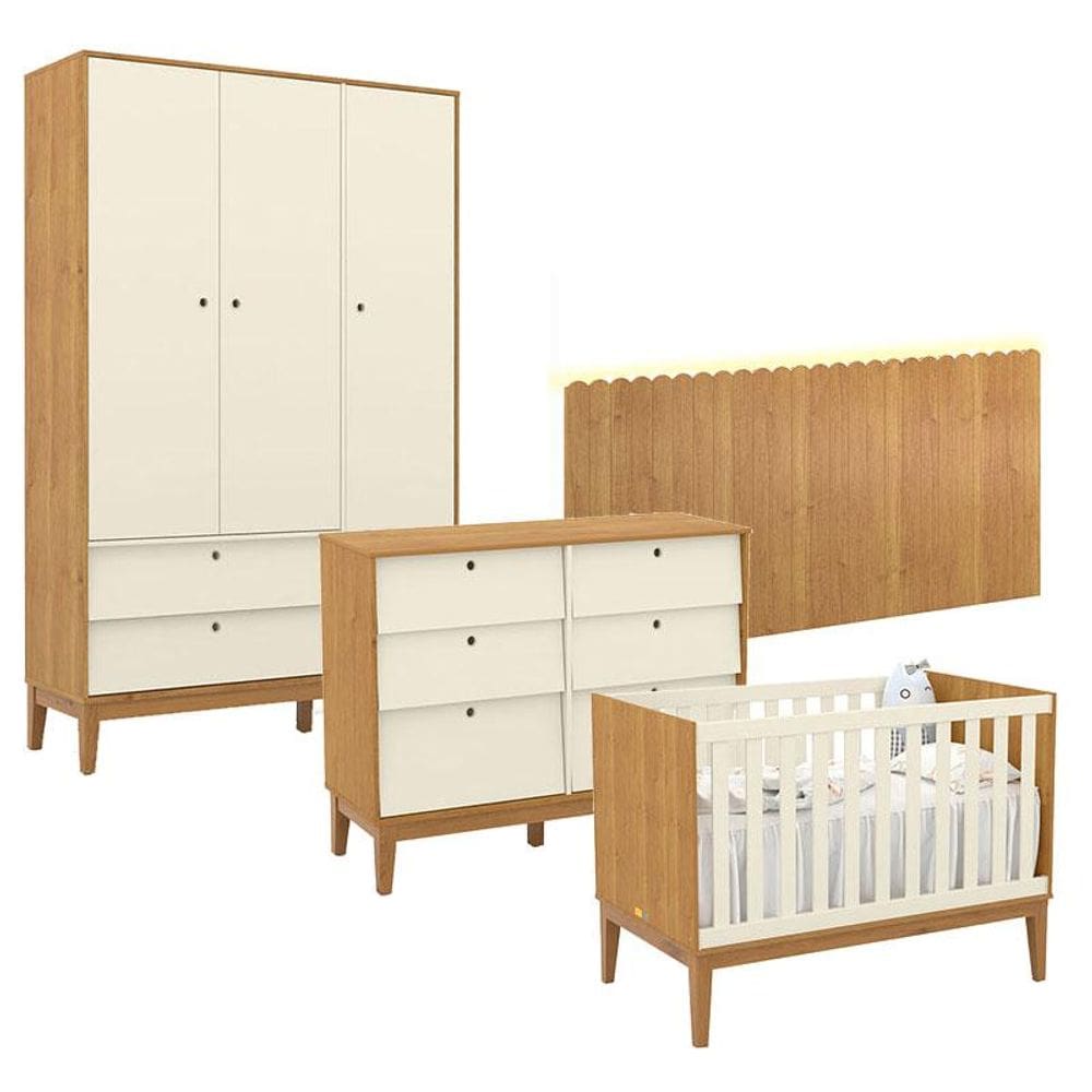Quarto de Bebê Unique 3 Portas com Cômoda 6 Gavetas e Painel Farm com Led Freijó Off White Eco Wood - Matic