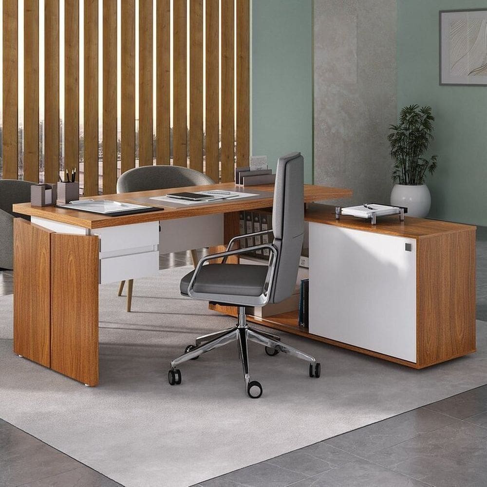 Kit 2 Peças com Mesa em L para Escritório Diretor e Gaveteiro Suspenso Freijó/Branco