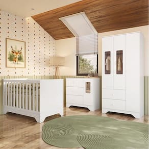 Quarto de Bebê Completo Guarda-roupa e Cômoda com Janelas e Berço 100% Mdf Ravy Espresso Móveis Branco Brilho