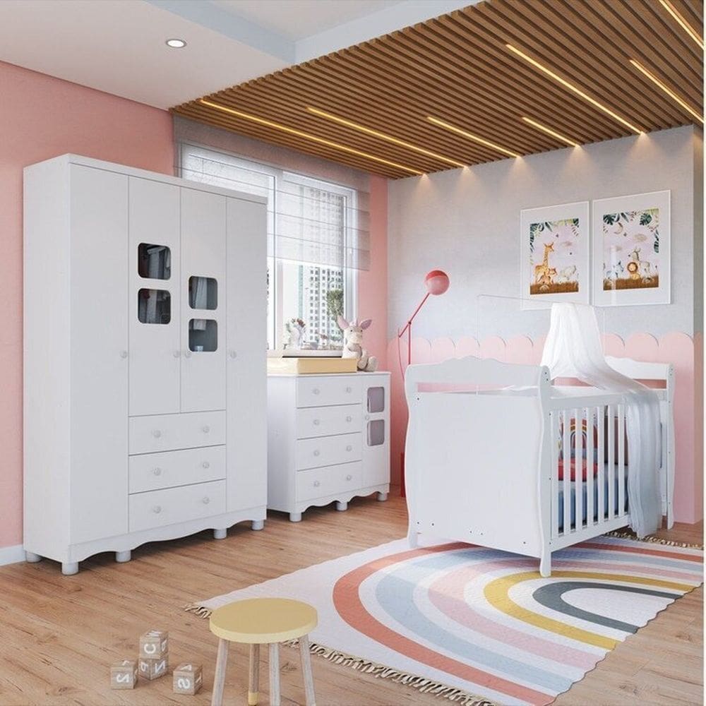 Quarto de Bebê com Guarda Roupa e Cômoda com Janelas e Berço Americano Nina 100% Mdf Espresso Móveis Branco Brilho