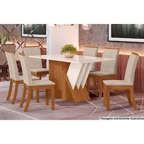 Sala de Jantar Completa Épic SC24 Tampo Madeirado c/ Vidro Canto Curvo 160x90cm e 6 Cadeiras Isa Nature/Linho - Henn