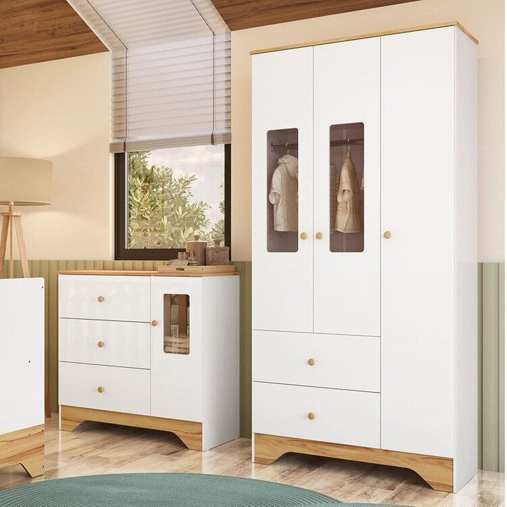 Quarto Infantil com Guarda-roupa 3 Portas e Cômoda com Janelas 100% Mdf Cocada Espresso Móveis Branco Brilho/Amêndoa