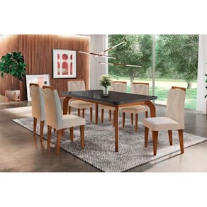 Sala de Jantar Completa Londrina Tampo Madeirado c/ Vidro Curvo 180x90 e 6 Cadeiras Amsterdã Imbuia - Veludo Creme - Rufato