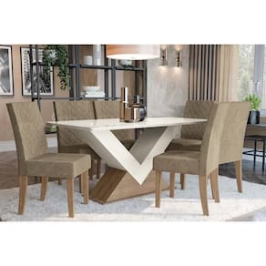 Sala de Jantar Completa Amora Tampo Madeirado c/ Vidro 90x180cm e 6 Cadeiras 2CAD133 Freijo/Off White/Vidro Off White - Veludo Delu - Kappesberg