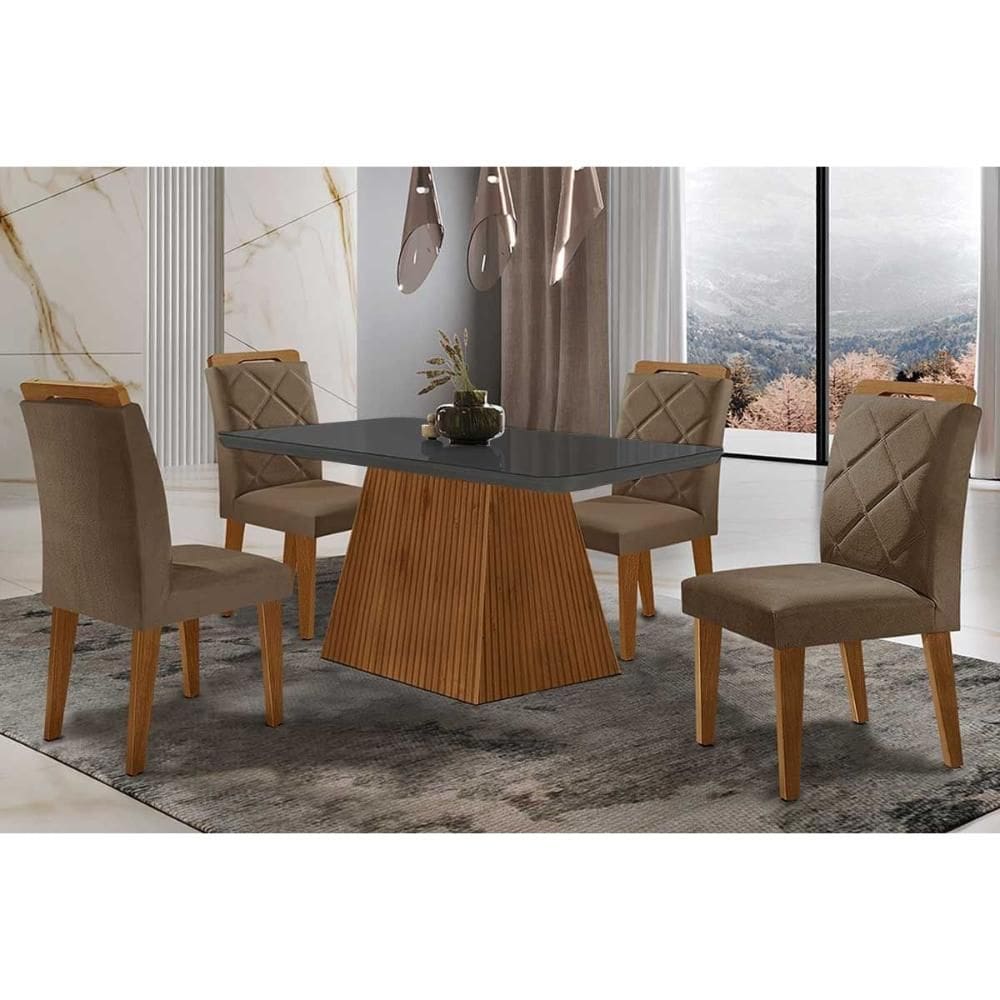 Sala de Jantar Completa Luna Tampo Madeirado c/ Vidro Curvo 120x80 e 4 Cadeiras Melissa Imbuia - Veludo Capuccino - Rufato