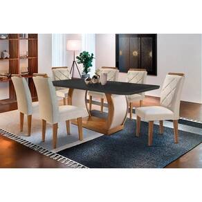 Sala de Jantar Completa Jade Tampo Madeirado c/ Vidro Curvo 180x90 e 6 Cadeiras Melissa Imbuia - Veludo Creme - Rufato