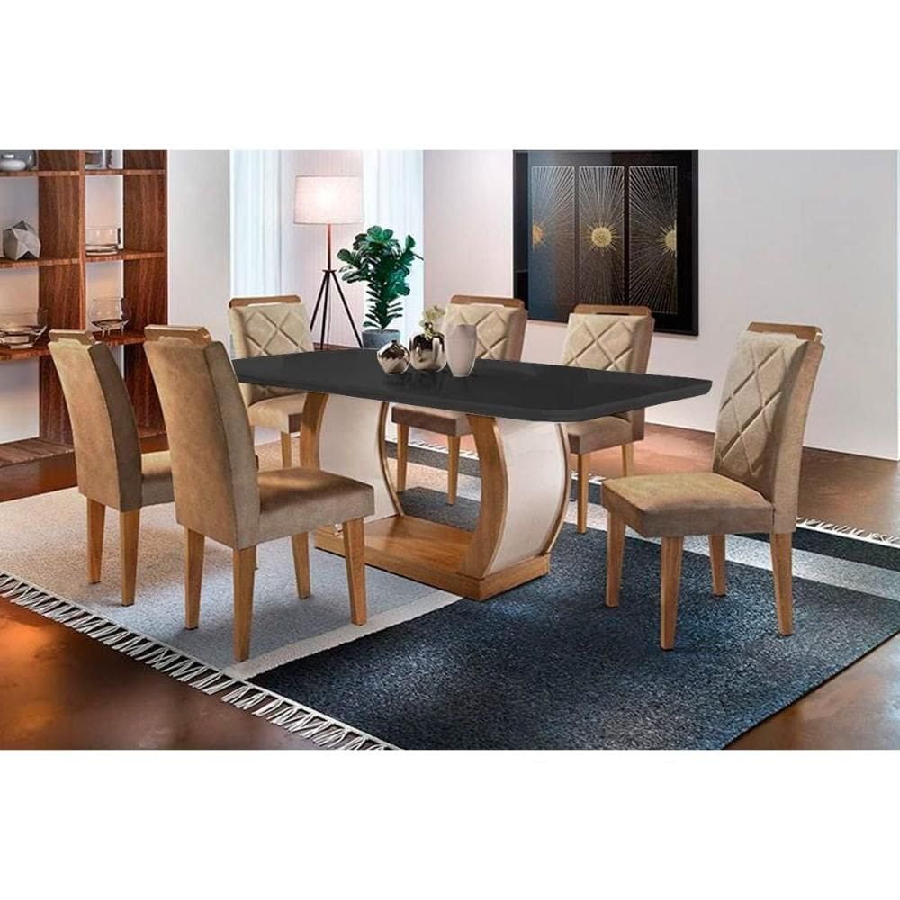 Sala de Jantar Completa Jade Tampo Madeirado c/ Vidro Curvo 180x90 e 6 Cadeiras Melissa Imbuia - Veludo Capuccino - Rufato