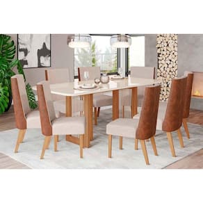 Sala de Jantar Completa Yara SC77 Tampo Madeirado c/ Vidro Canto Curvo 200x90cm e 8 Cadeiras Anne Nature/Courano/Linho - Henn