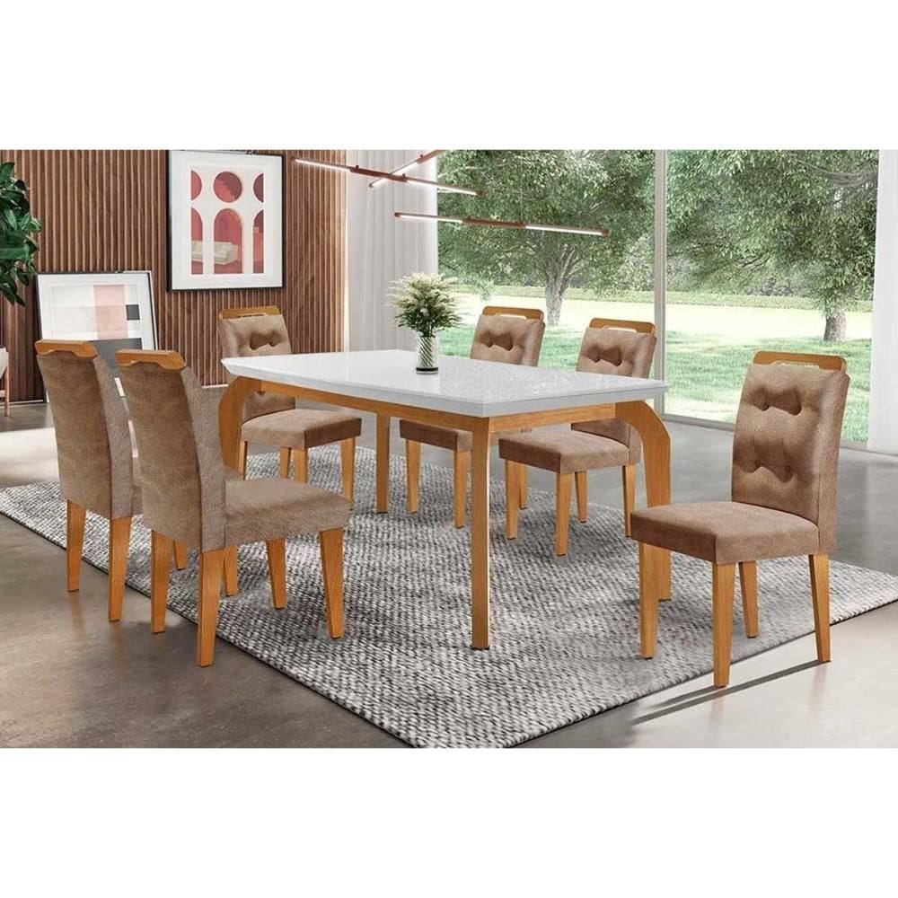 Sala de Jantar Completa Londrina c/Tampo Madeirado Canto Reto 180x90cm e 6 cadeiras Imperatriz Imbuia - Veludo Capuccino - Rufato
