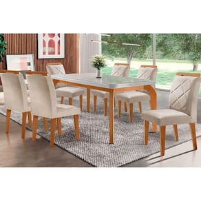 Sala de Jantar Completa Londrina Tampo Madeirado c/ Vidro Curvo 180x90cm e 6 Cadeiras Melissa Imbuia - Veludo Creme - Rufato