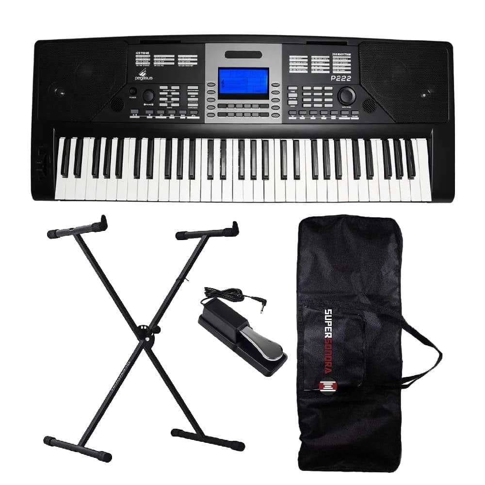 Kit Teclado Musical Pegasus P222 - Ritmos Brasileiros + Suporte em X + Capa + Pedal