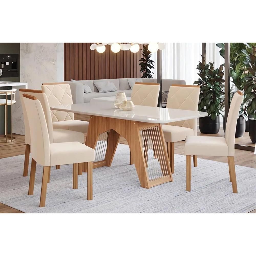 Sala de Jantar Completa Carol Tampo Madeirado c/ Vidro 180x90cm e 6 Cadeiras Fernanda Madeirado/Suede Nude Bege - Cimol