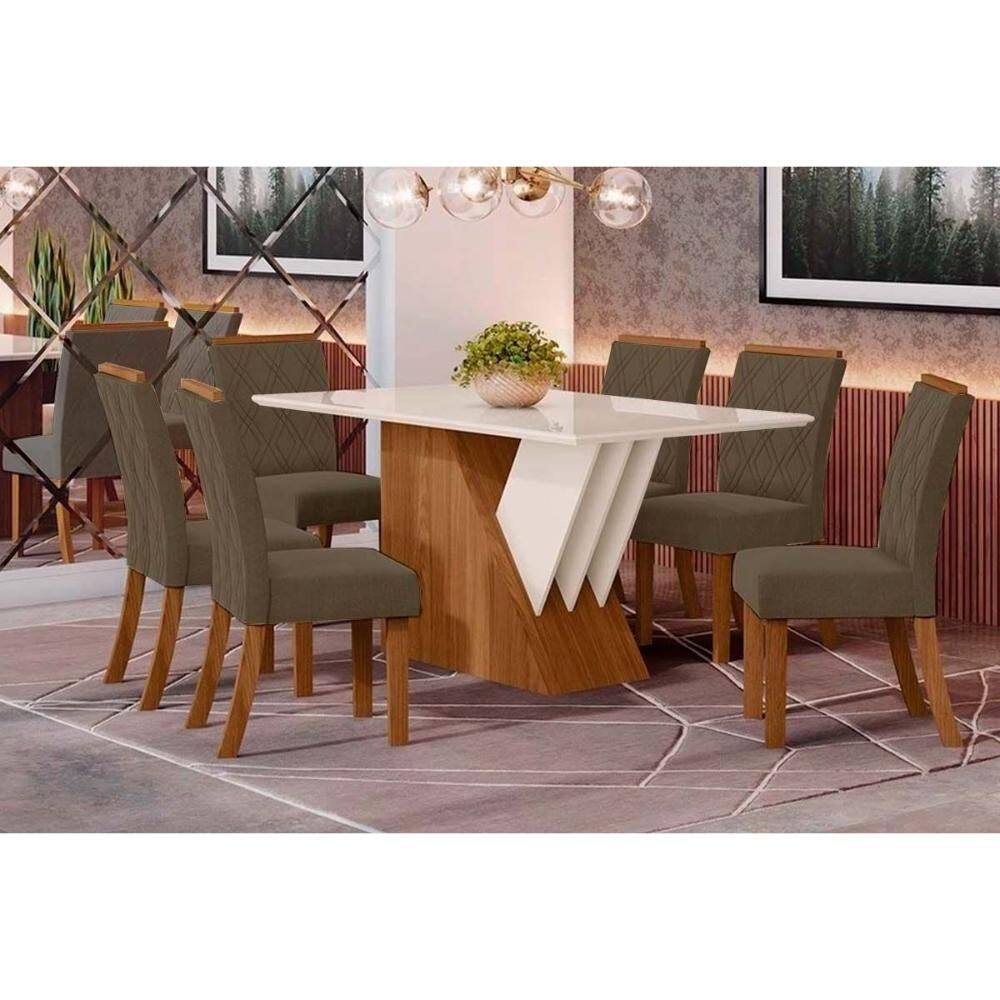 Sala de Jantar Completa Épic SC24 Tampo Madeirado c/ Vidro Canto Curvo 160x90cm e 6 Cadeiras Vita Nature/Veludo Light Bege - Henn