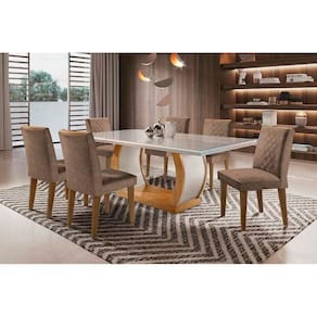 Sala de Jantar Completa Jade Tampo Madeirado c/ Vidro Reto 180x90 e 6 Cadeiras Jade Imbuia - Veludo Capuccino - Rufato