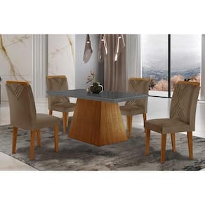 Sala de Jantar Completa Luna Tampo Madeirado c/ Vidro Reto 120x80 e 4 Cadeiras Amsterdã Imbuia - Veludo Capuccino - Rufato