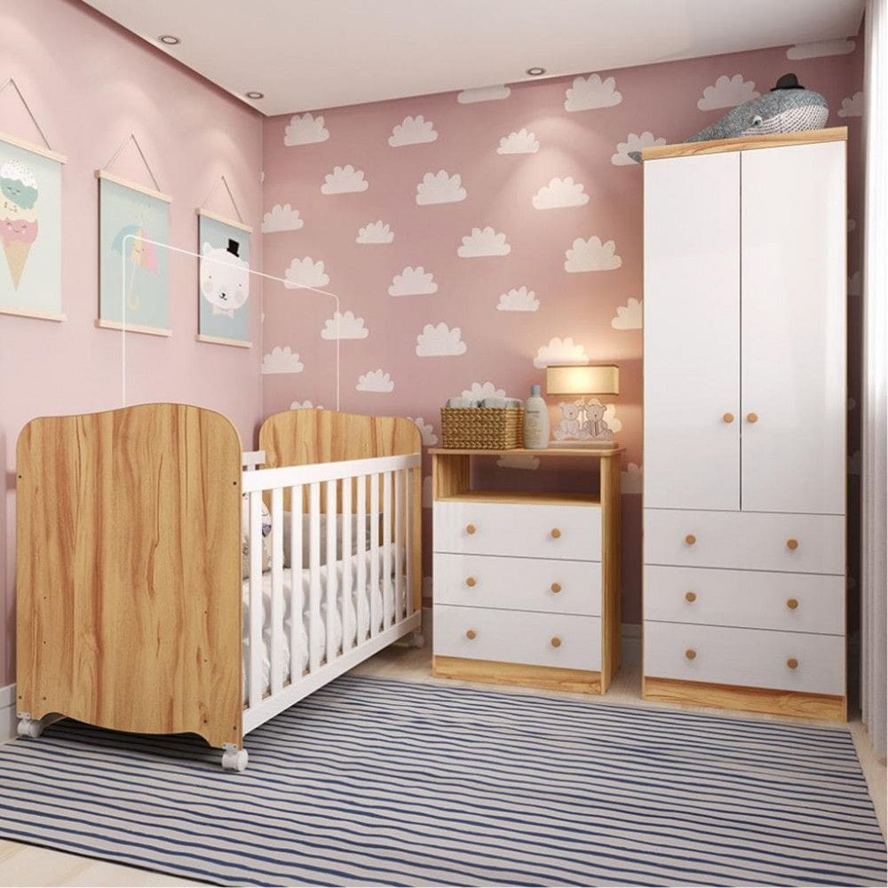 Quarto de Bebê Completo com Berço Americano Uli Guarda Roupa e Cômoda MDF Smim New Móveis Peroba