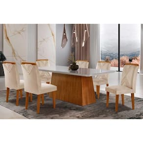 Sala de Jantar Completa Luna Tampo Madeirado c/ Vidro Canto Reto 180x90 e 6 Cadeiras Amsterdã Imbuia - Veludo Creme - Rufato