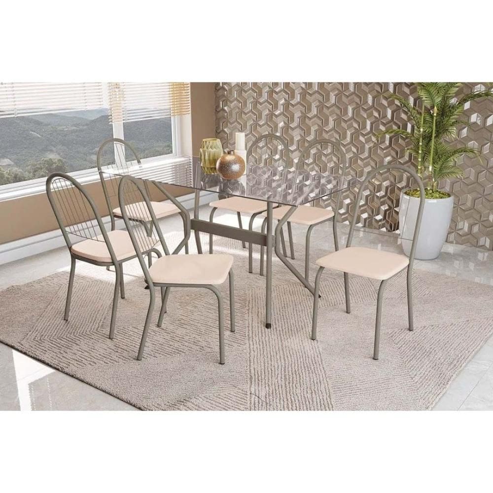 Sala de Jantar Completa Loire Tampo de Vidro 80x120cm e 6 Cadeiras Noruega Niquel - Nude - Kappesberg