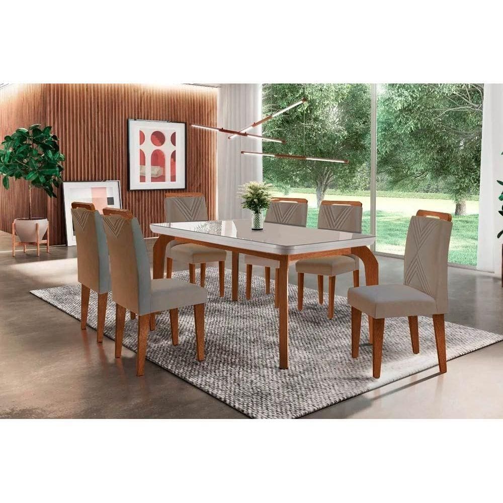 Sala de Jantar Completa Londrina Tampo Madeirado c/ Vidro Curvo 180x90 e 6 Cadeiras Amsterdã Imbuia - Veludo Capuccino - Rufato