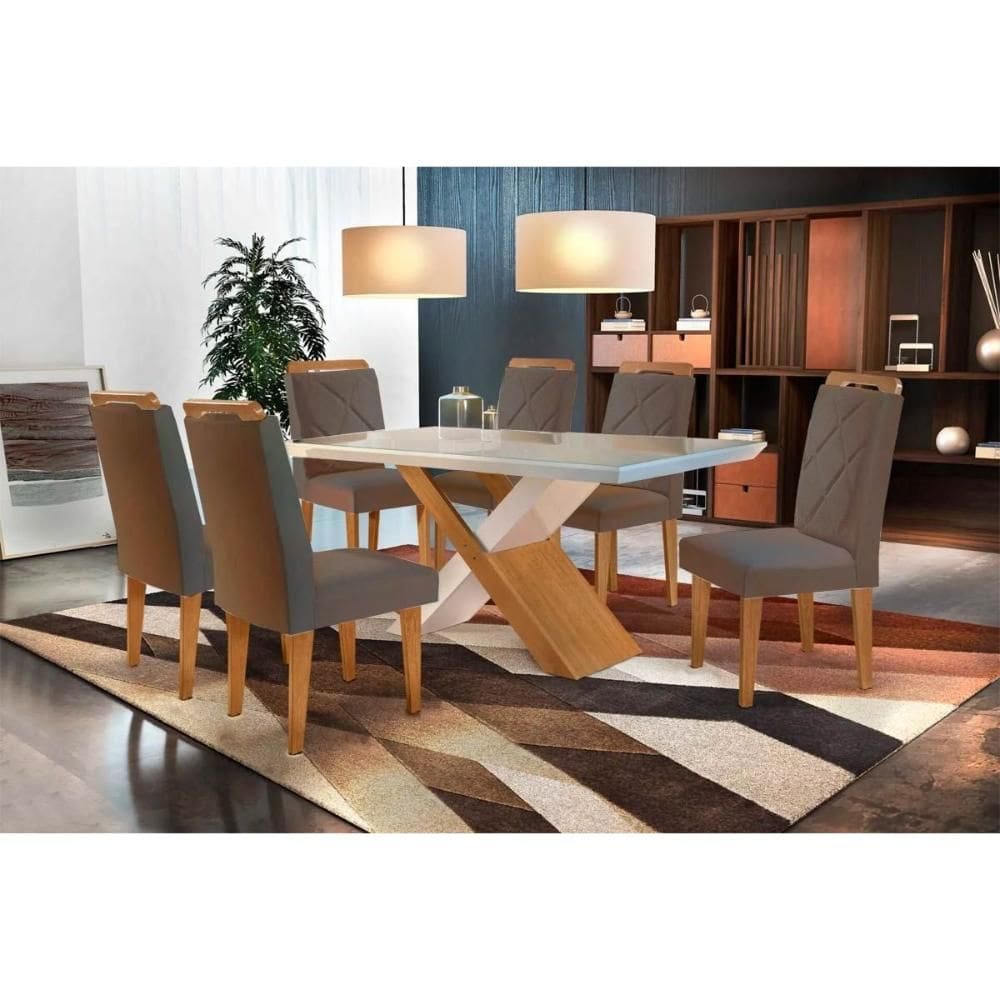 Sala de Jantar Completa Imperatriz Tampo Madeirado c/ Vidro Curvo 180x90 e 6 Cadeiras Melissa Imbuia - Veludo Capuccino - Rufato