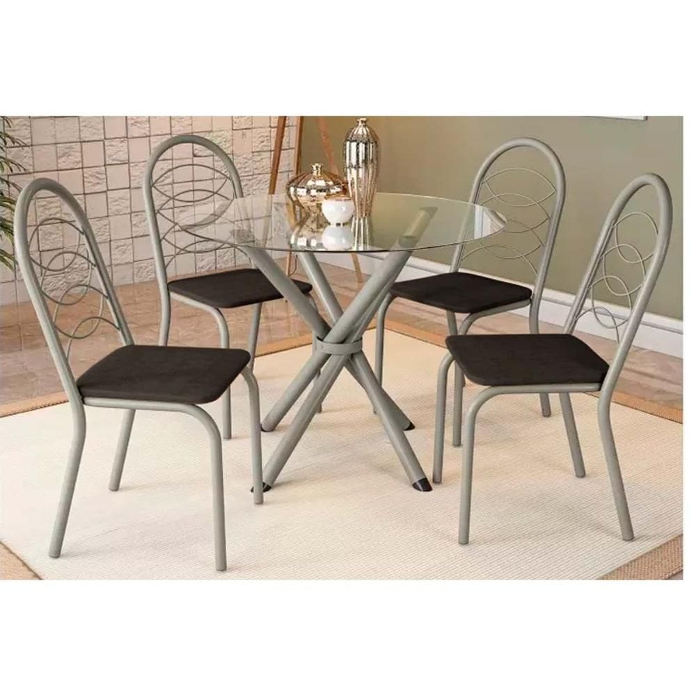 Sala de Jantar Completa Volga Tampo de Vidro 95x95cm e 4 Cadeiras Holanda Niquel - Preto - Kappesberg