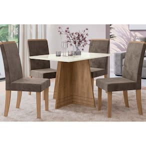 Sala de Jantar Completa Lótus Tampo Madeirado c/ Vidro 105x105cm e 4 Cadeiras 2CAD142 Nogueira/Off White/Vidro Off White - Veludo Ma - Kappesberg