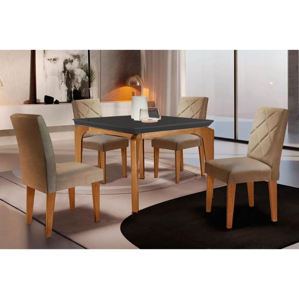 Sala de Jantar Completa Londrina Tampo Madeirado c/ Vidro Curvo 120x80 e 4 Cadeiras Melissa Imbuia - Veludo Capuccino - Rufato