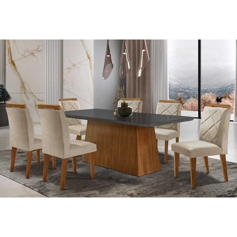 Sala de Jantar Completa Luna Tampo Madeirado c/ Vidro Curvo 180x90 e 6 Cadeiras Melissa Imbuia - Veludo Creme - Rufato