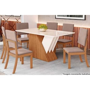 Sala de Jantar Completa Épic SC24 Tampo Madeirado c/ Vidro Canto Curvo 160x90cm e 6 Cadeiras Milla Nature/Veludo Light Marrom Amêndoa - Henn