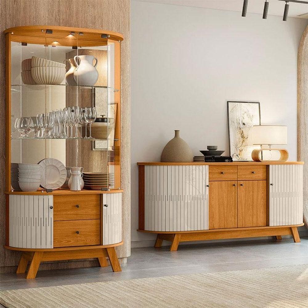 Aparador Para Sala Buffet Ambiente Mônaco E Cristaleira Moss Cinamomo Off White - Madetec