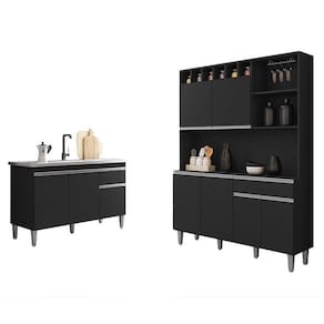 Balcão De Pia Tatiane 120 Cm E Armário Cozinha Kit Alice Preto Fosco - Ajl
