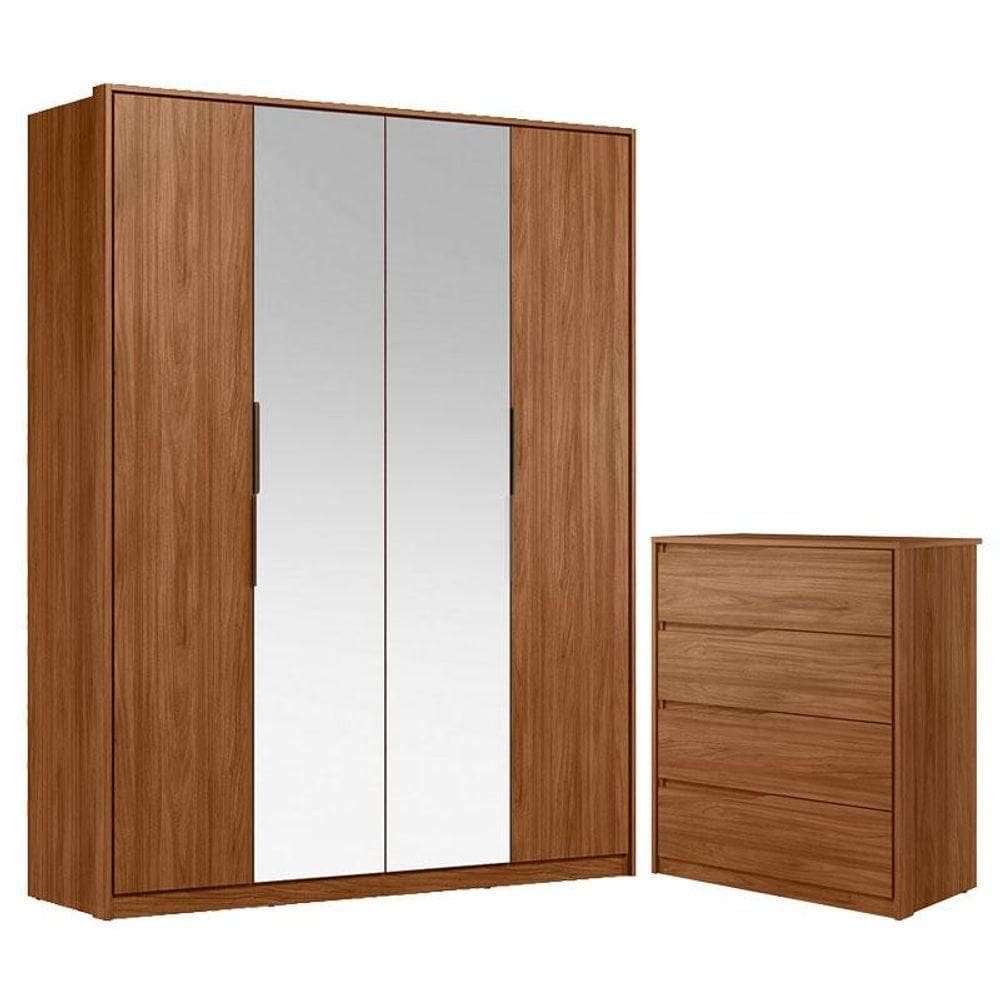 Cômoda Atria 4 Gavetas E Guarda Roupa Casal Attore Nogueira Touch Com Espelho Demóbile