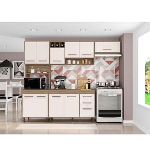 Cozinha 4 Peças Ambiente Com Balcão De Cozinha Barcelona Carvalho Oak Off White - Poliman