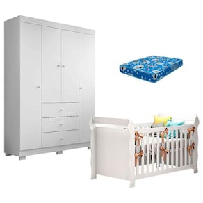 Berço Americano Lara E Guarda Roupa Duda 4 Portas Branco Brilho Com Colchão Ortobom