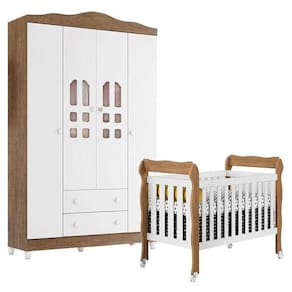 Berço Americano Lila E Guarda Roupa Infantil New Selena 4 Portas Branco Acetinado Amadeirado Móveis