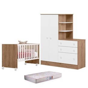 Berço Nacional 3540 E Guarda Roupa Cômoda 4070 Doce Sonho Carvalho Rústico Toq Branco E Colchão