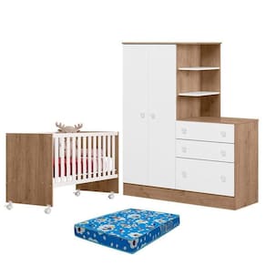 Berço Nacional 3540 E Guarda Roupa Cômoda 4070 Doce Sonho Carvalho Rústico Toq Branco E Colchão